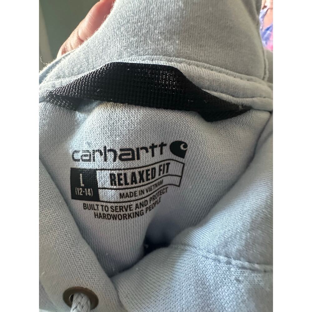 Carhartt Light Blue Graphic Hoodie Womens L Relaxed Fit Streetwear Style - Picture 12 of 13